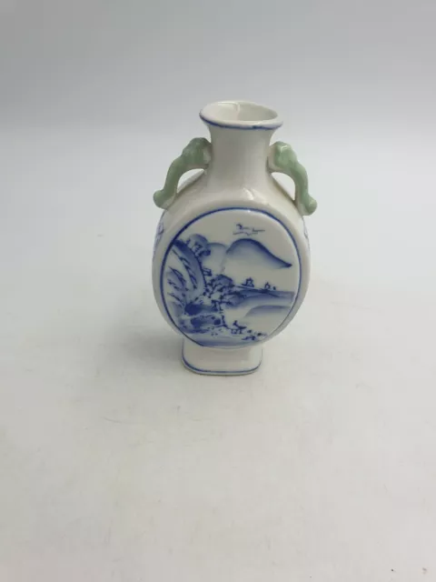 Petit Vase Chinois Style Flacon Lune En Porcelaine Bleu Et Blanc Peint À La Main Pittoresque