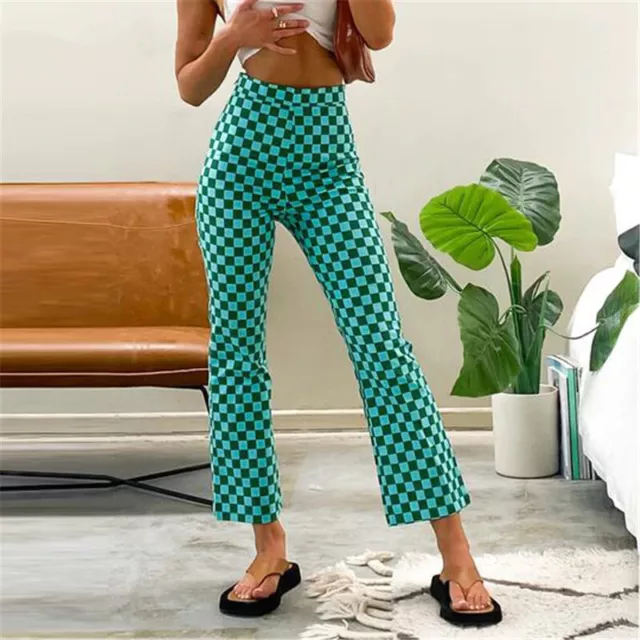 Pink Checkered Mid Waist Flare Pants Hippie Bell Bottom Plaid Wide Leg  Trousers