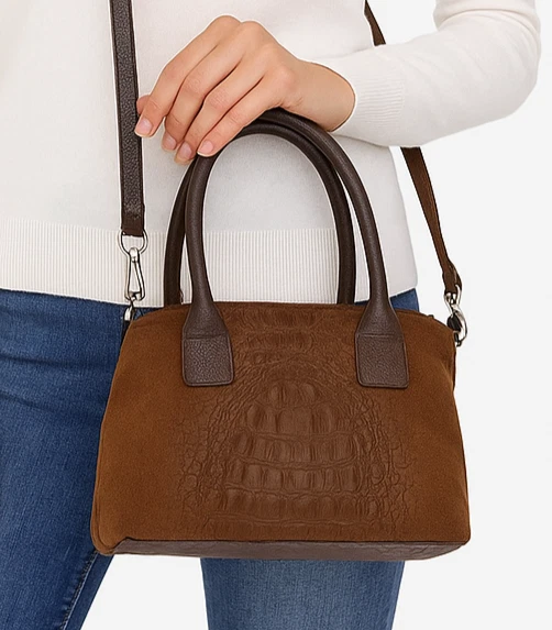Sac à Main Femme Luca Lorenzo En Cuir Véritable Imprimé Crocodile Or - Fabriqué En Italie - Taille Moyenne