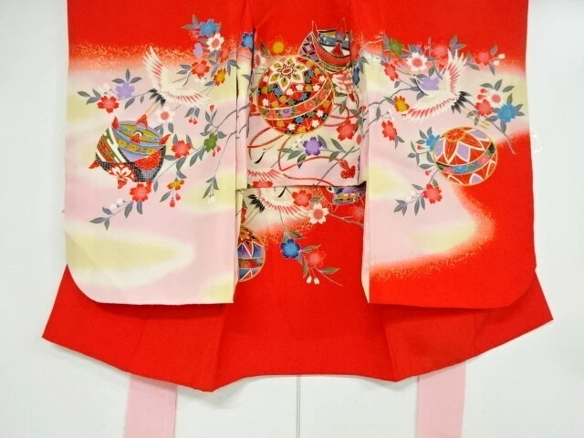 97702# Japanese Kimono / Antique Kimono For Girls / Cranes & Floral Plant Wi