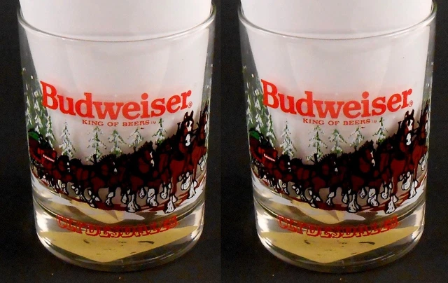 Budweiser Clydesdales 1989 Horses Pulling Wagon Set of 2 14oz ea Lo Ball Glasses