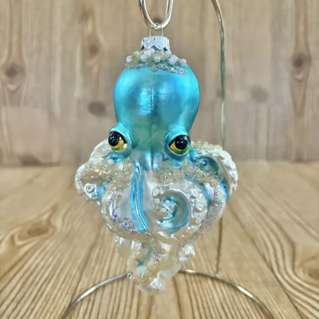 Blown Glass Octopus Christmas Ornament Aqua Glitzy Pearl White Glitter Sea Ocean