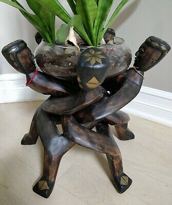 African Art Carved Wood 5 Men Interlock Unity Tribal Sculpture Plant Stand