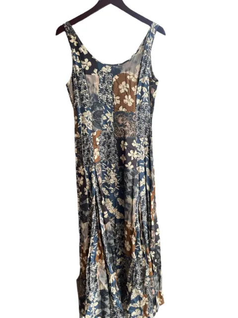 French Connection Dress Womens 8 Blue Brown Black Floral Print Maxi Rayon Hawaii