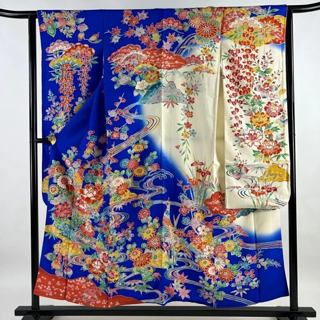 Japanese Kimono Furisode Pure Silk Birds Moutan Blue Magnificent For Formal