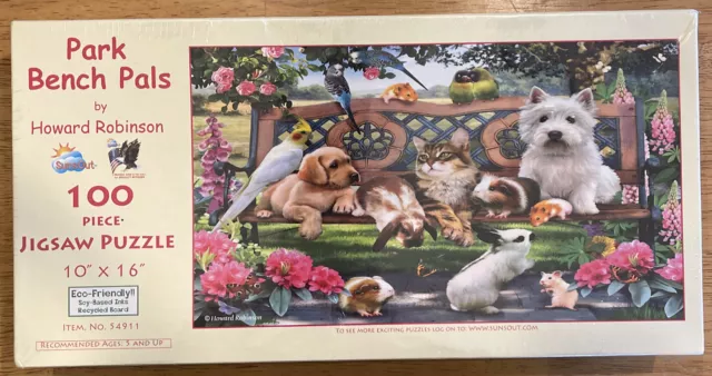 Park Bench Pals SunsOut 100pc New Sealed 2007 Jigsaw Puzzle Dogs Cats Park 10x16