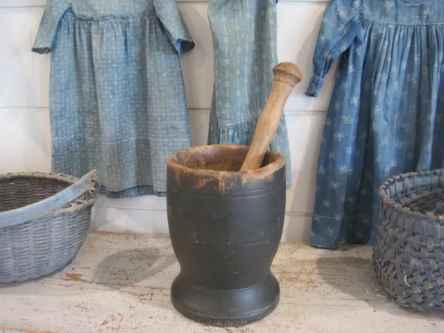 19th Century Old Green Paint Large Wood Mortar and Pestle Primitive American