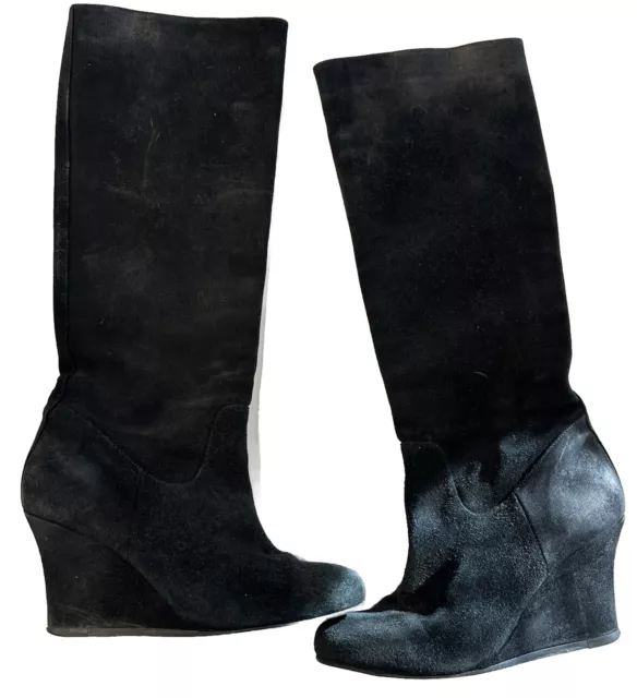 LANVIN BLACK SUEDE LEATHER Knee High Hidden Wedge Boots Size 7.5