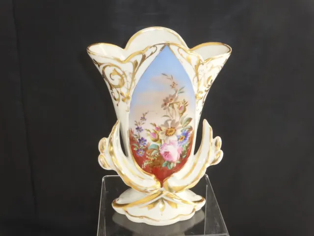 Vase ancien de mariée en porcelaine de Paris décor floral polychrome et or-19ème