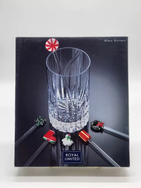 Christmas Glass Stirrers Swizzle Sticks Royal Limited New In Box Set of 6 pcs