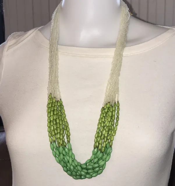 CHARMING CHARLIE Signed Green Clear Bead Necklace MULTI STRAND Beaded