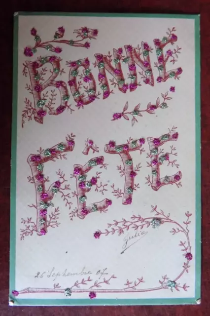 Cpa bonne fête - ajout paillettes - art nouveau - 1907