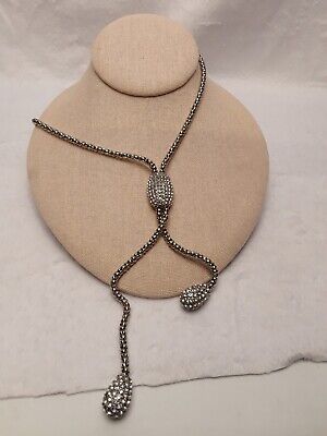 Chicos Rhinestone Y Lariat Necklace Pave Bling Crystal Silver Tone 32 - 37” Long