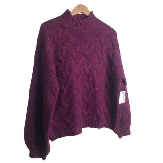 Nine West Women's Size MEDIUM Chunky Cable Knit Sweater Magenta Purple Mockneck