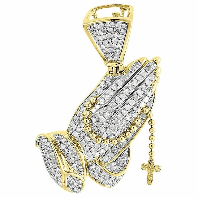Real Moissanite Praying Hands Rosary Pendant Mens 10K Yellow Gold Plated 1.00 CT