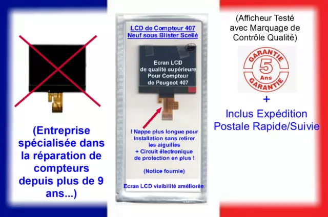 Afficheur LCD Neuf (Fabrication : 2023 ) pour compteur de Peugeot 407 (+Notice)