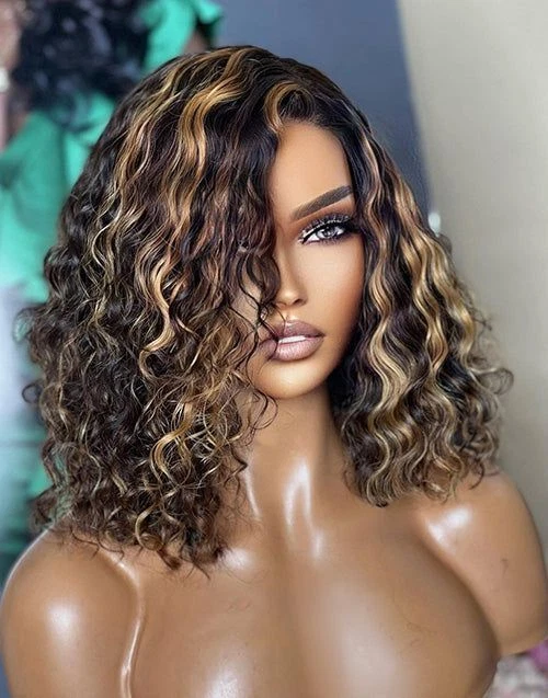 Short Kinky Wave Bob 100% Remy Human Hair Lace Frontal Wig 4x4 Black Blonde Wigs