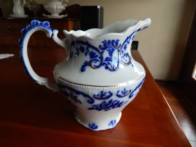 Antique WH Grindley Portman Pattern Flow Blue Pottery Pitcher Gold Accents