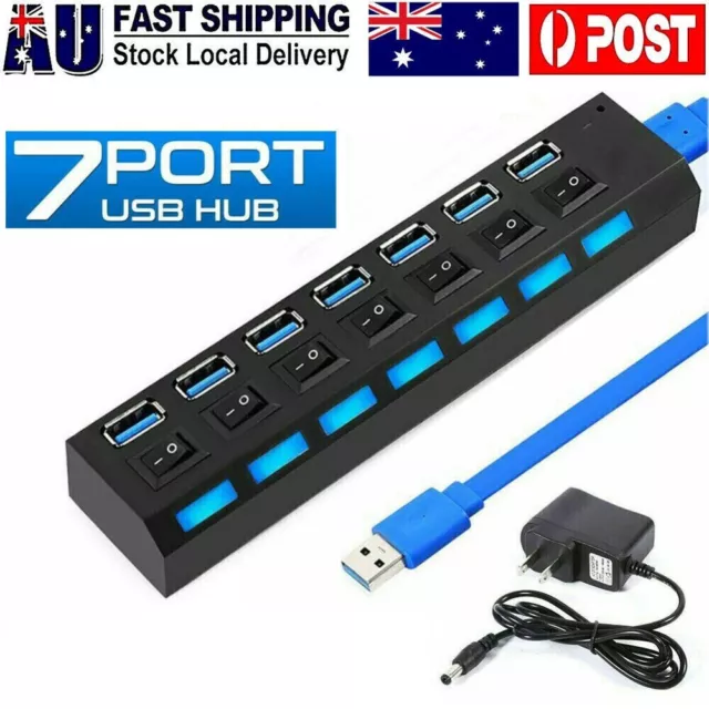 USB 3.0 Hub 7 Port On/Off Switch High Speed Splitter AC Adapter Cable PC Laptop