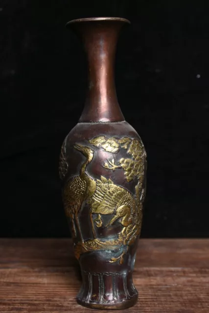 7.6" Marked Old China Purple Bronze Crane Beast Pine Longevity Lucky Vase Bottle