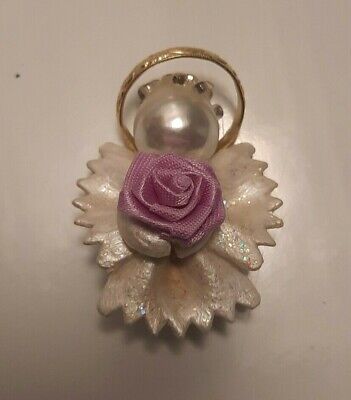 Handcrafted Angel Brooch Pin with Golden Halo and Pink Rose