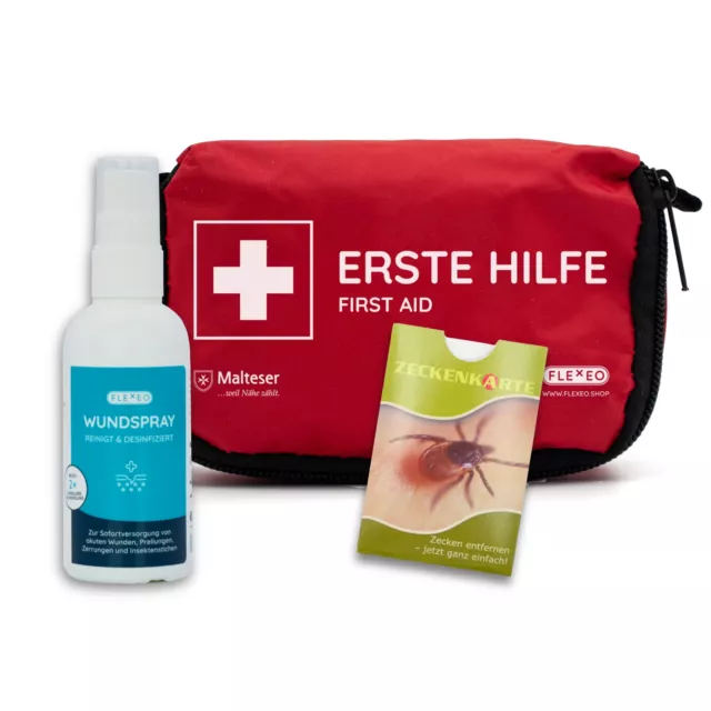 FLEXEO Mini Erste-Hilfe-Set inkl. Wundspray und Zeckenkarte kleines Notfallset