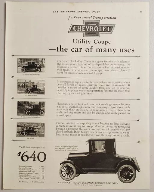 1924 Print Ad Chevrolet Utility Coupe Chevy Cars Detroit,MI