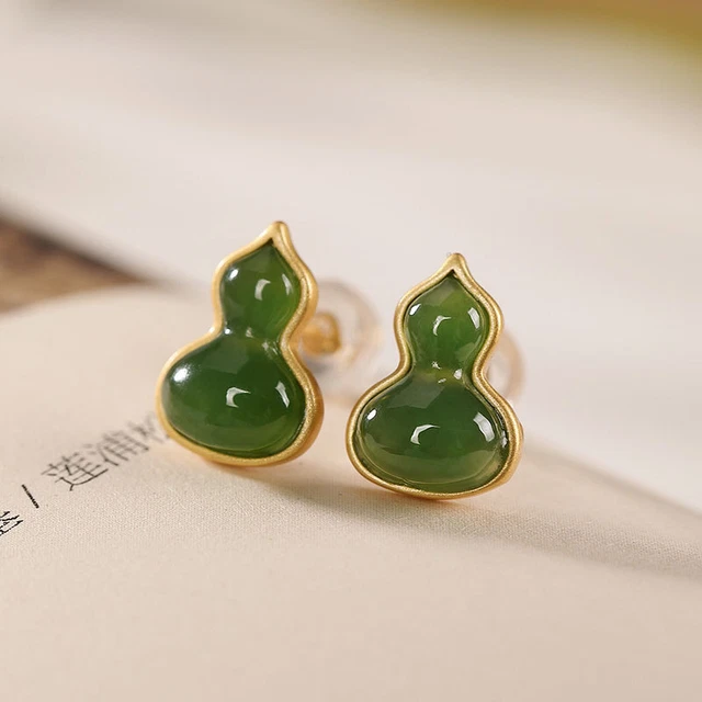 Natural Grade A Green Jade 12x9mm Gourd With 925 Sterling Silver Stud Earrings