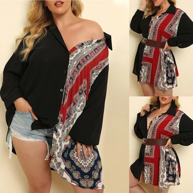 Camicia alla moda donna top taglie forti nera manica lunga con bottoni