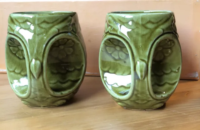 2 Vtg Avocado Green OWL Coffee Tea Cup Mug Holkham Pottery Style,Japan Bird MCM