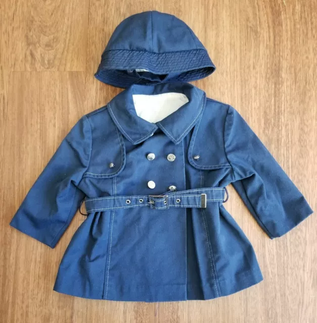 Vintage Double Breasted Coat Baby Toddler Small Blue Navy With Hat and Belt Prop
