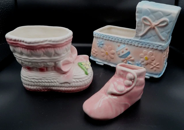 Lot 3 Ceramic Booties Baby Crib, Vintage, Blue/Pink