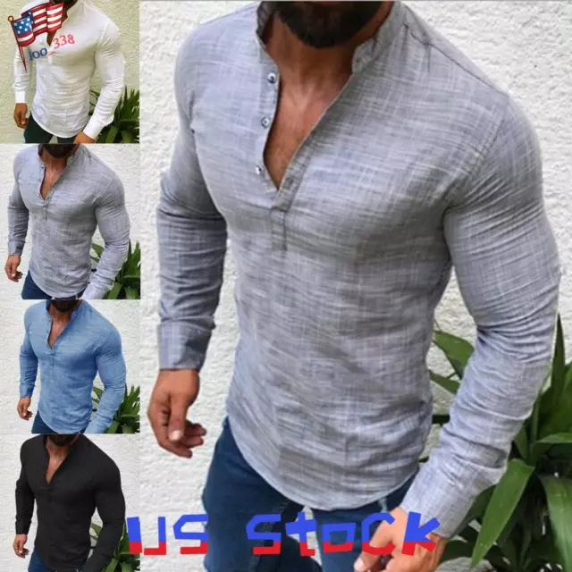 Men's V Neck Buttons T Shirt Casual Long Sleeve Muscle Slim Fit Blouse Tops Tee