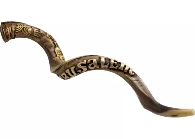 Kudu Shofar Hand Engraved Painted Lacquer 40-42" Natural Jerusalem Menorah