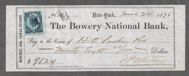 1878 Bank Check Bowery National Bank