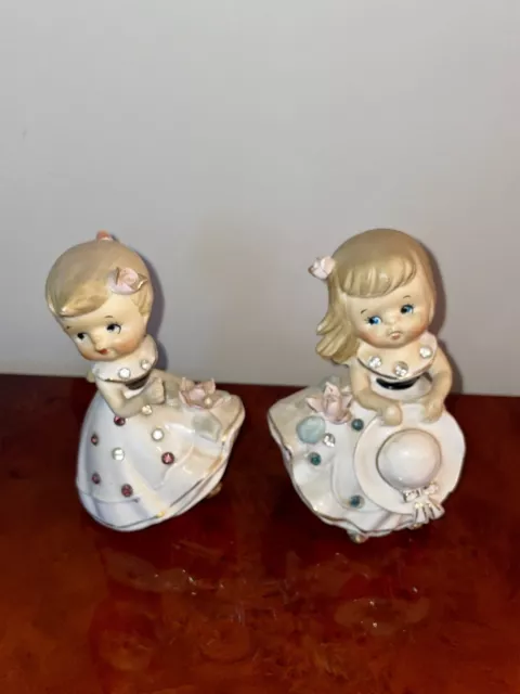 Vintage JAPAN Lot of 2 Victorian Dress Girl Porcelain Bell Statue Figurines