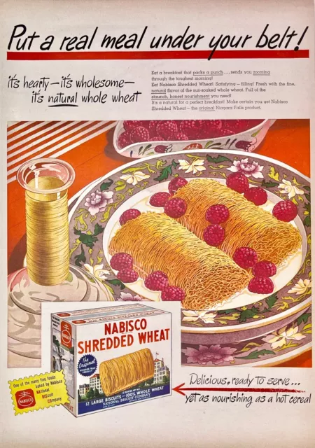 1940s~Shredded Wheat Biscuits~Nabisco Breakfast Cereal~Berries~Vintage Print Ad