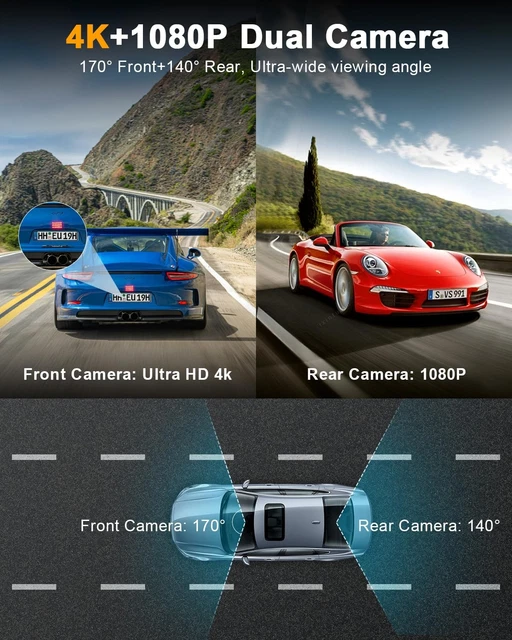Dash Cam Auto 4K UHD + Telecamera Posteriore 1080P, WiFi, Schermo 3", Grandangolo 170°, Con SD 64GB