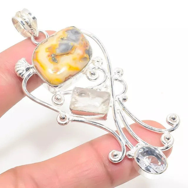 Crazy Lace Agate & Topaz Gemstone 925 Sterling Silver Jewelry Pendant Sz 2.5"