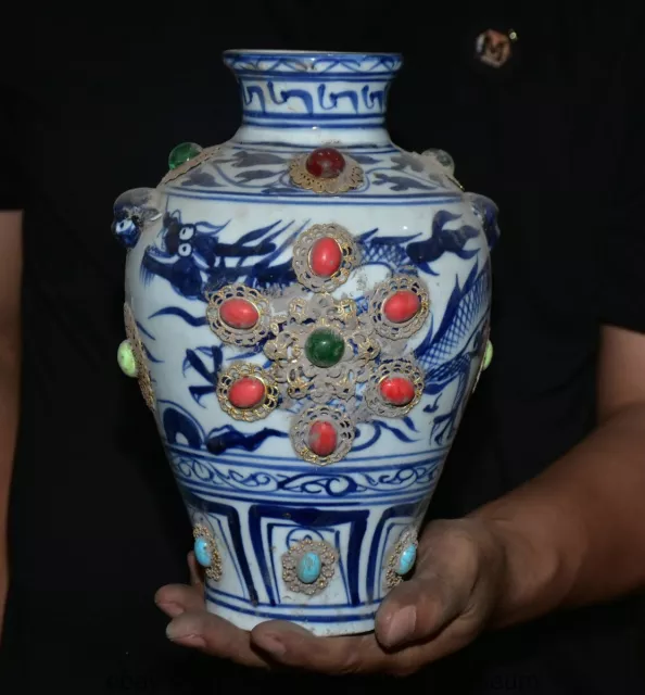 9.6 " Old Chinese Blue White Porcelain Dynasty inlay Gemstone Dragon Lines Jar