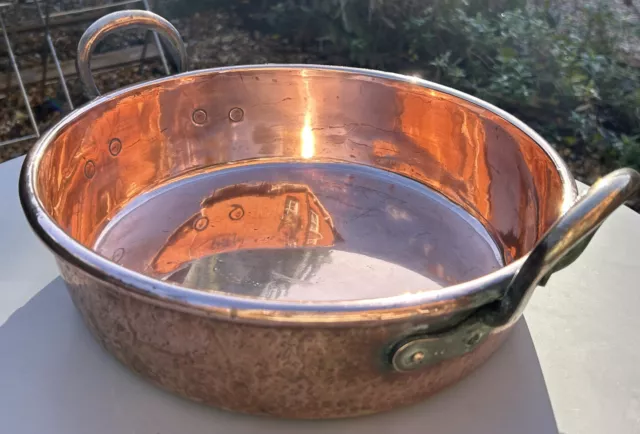 ANTIQUE 19th century Victorian copper preserving pan bell metal handles 12"