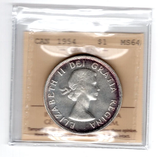 1954 Canada One Silver Dollar Coin - SWL - ICCS Graded MS-64 1954 Canada One Silver Dollar Coin - SWL - ICCS Graded MS-64