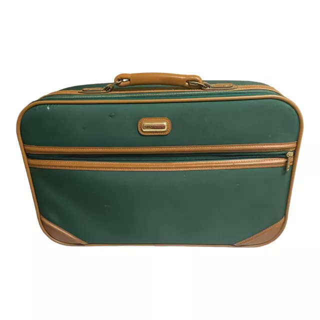 Jaguar Luggage Suitcase Travel Bag Green Brown Leather Trim Minor Stains Vintage
