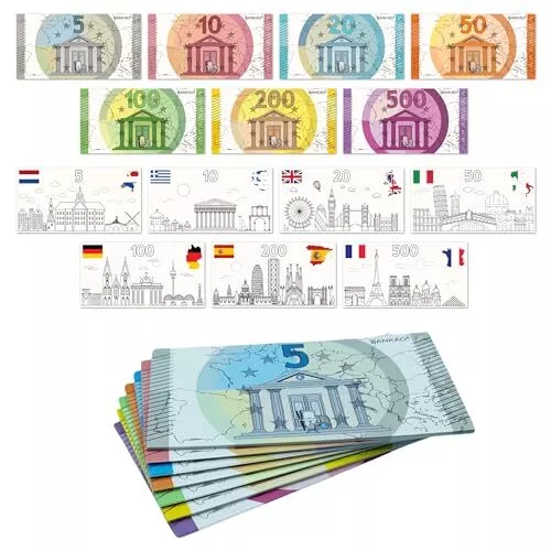 Billet de Banque Factice x70 - Couleur Euro et Monument à Colorier 7 Pays Eur...