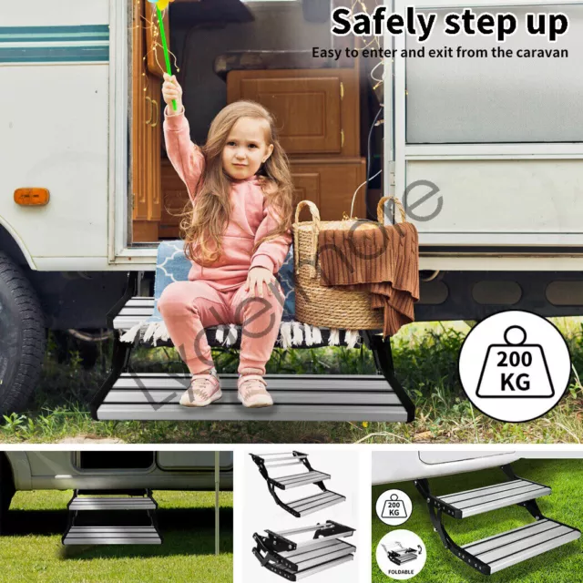 Double Caravan Step Folding Steps Pull Out Aluminium Camper Trailer Motorhome RV