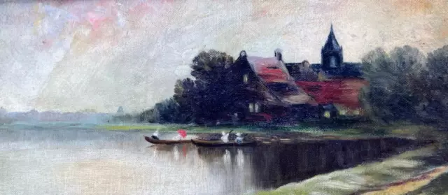 Vintage Old Oil Painting Artist Signed German Landscape Lake Row Boats House Art