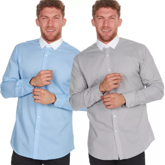 Mens Shirt White Collar Formal Long Sleeve Business Casual Grey Blue Festive UK