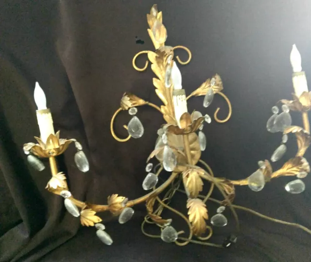 FRENCH / ITALIAN TOLE METAL ANTIQUE GILT GOLD SCONCE 3 Light w Prisms wow 24"