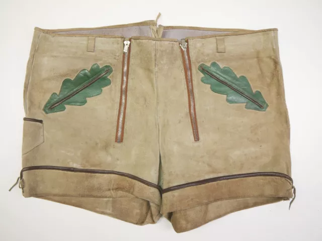 Kurz 70/80 DDR Vintage Lederhose Doppelzipp Eichenlaub schön speckig grau Gr.62