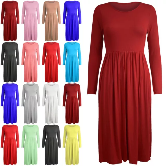 Ladies Womens Franki Round Neck Long Sleeve Flared Midi Dress Swing Skater